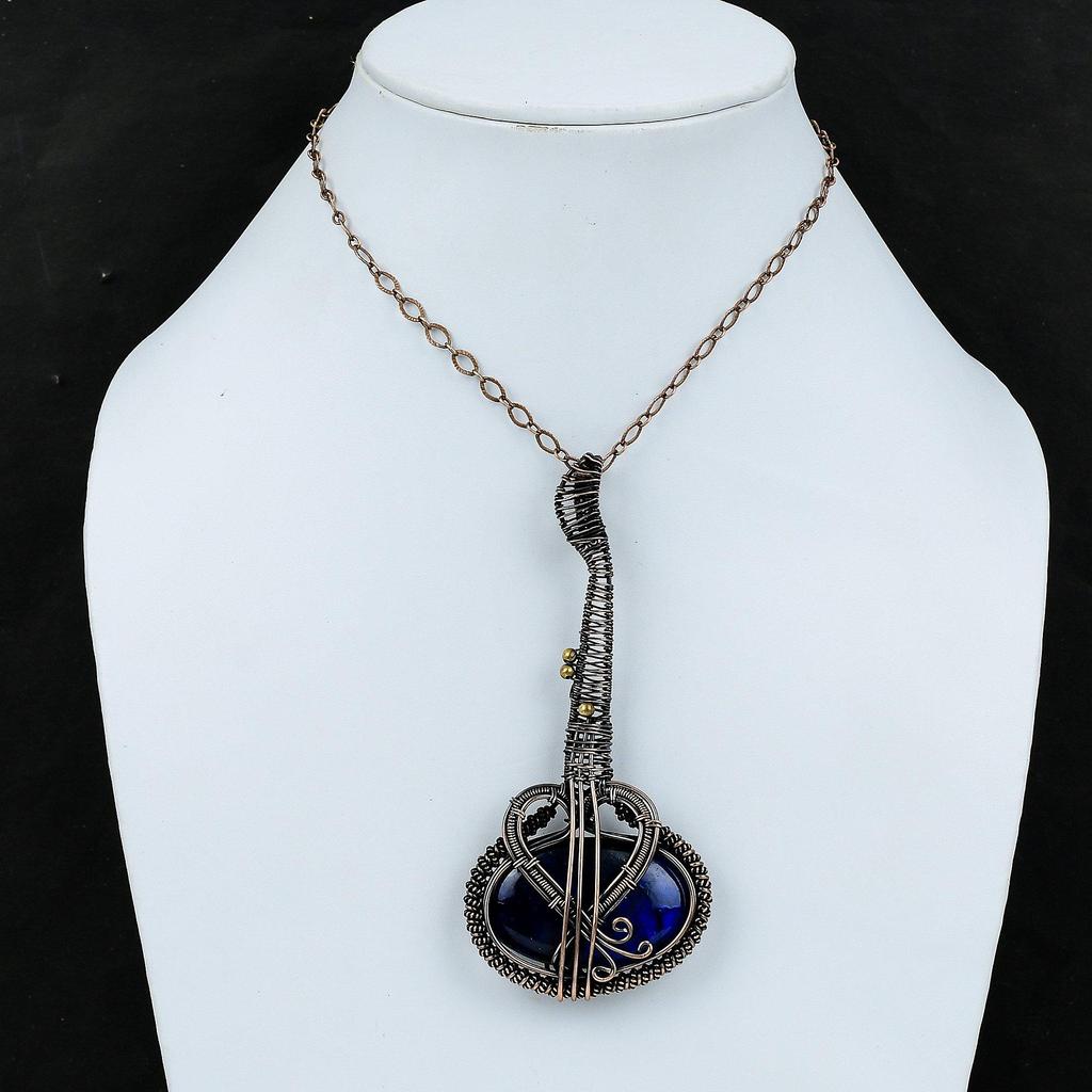 Подвеска из лабрадорита с синим огнем, медная проволока, кулон с драгоценным камнем, ювелирные изделия ручной работы, гитара, музыкальный инструмент, медные украшения для подарка