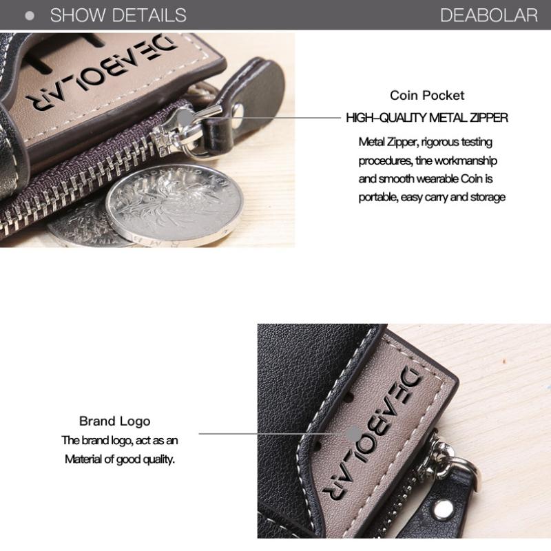 Vintage Men's Zipper Three-fold Leather Wallet Multi Function Button Purse with Multiple Card Slots and A Clear ID Window