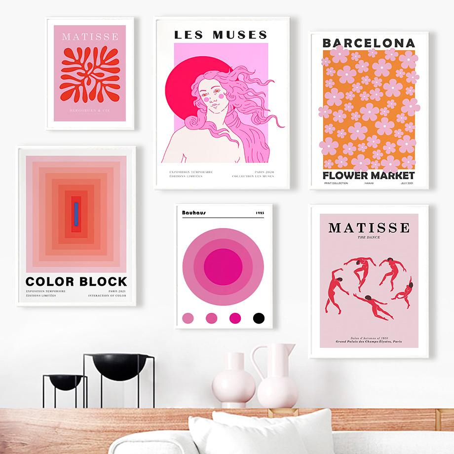 Абстрактная розовая карта музея Матисса, цветочный рынок, настенная живопись на холсте, скандинавские постеры и принты, декоративные фрески для гостиной