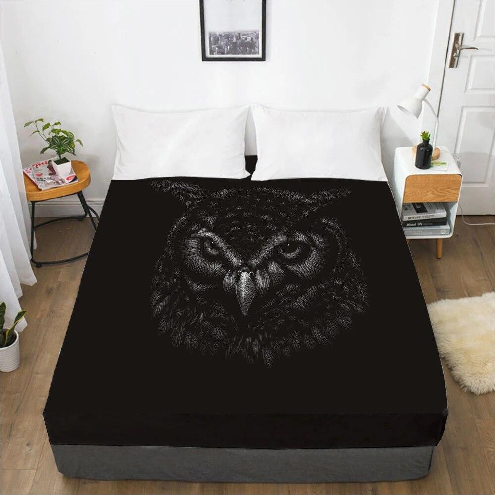 Mattress Cover Fitted Sheet With Elastic Band Bed Sheets Bedding Linens Queen King Size Bedsheet 90/150/160X200CM Black Owl