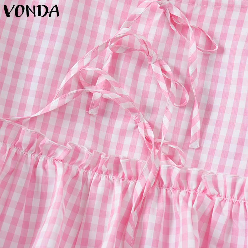 VONDA Женские летние блузки с квадратным вырезом и короткими рукавами в клетку