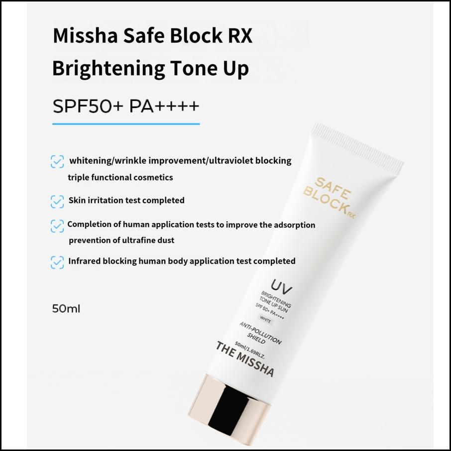 MISSHA Солнцезащитный крем Safe Block RX Brightening Tone-Up SPF50+ PA++++ 50 мл, ежедневная защита от ультрафиолета + усилитель сияния
