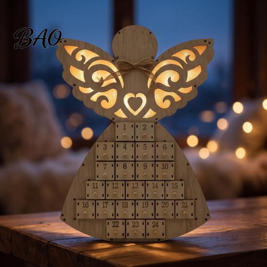 Christmas Ornament Box Wooden Angel Advent Calendar with 24 Storage Drawers, Countdown to Tabletop Decoration for Winter Holiday Party Favors Decor