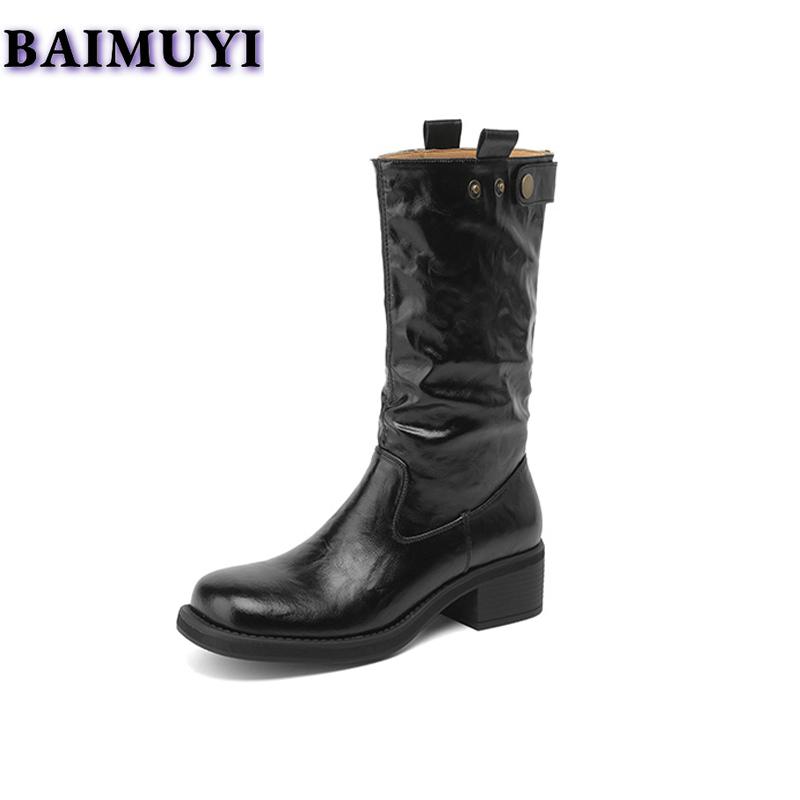 Женские туфли на среднем каблуке, высокие фирменные сапоги до середины голени, тренд 2025 года, дизайнерские повседневные прогулочные ботинки челси, зимние новые туфли-лодочки Mujer Botas