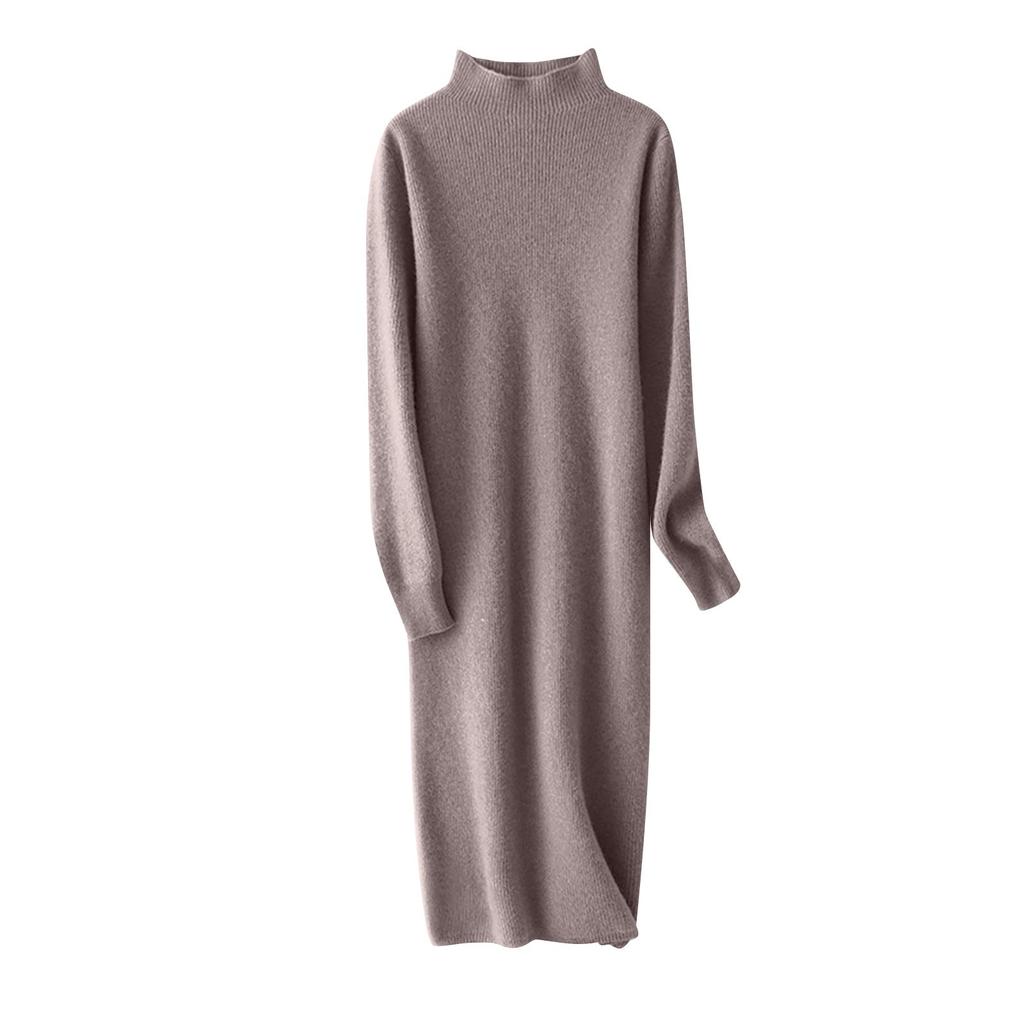 Women's Half High Collar Wool Knitted Dress Solid Color Long Sleeve Sweater Long Dress