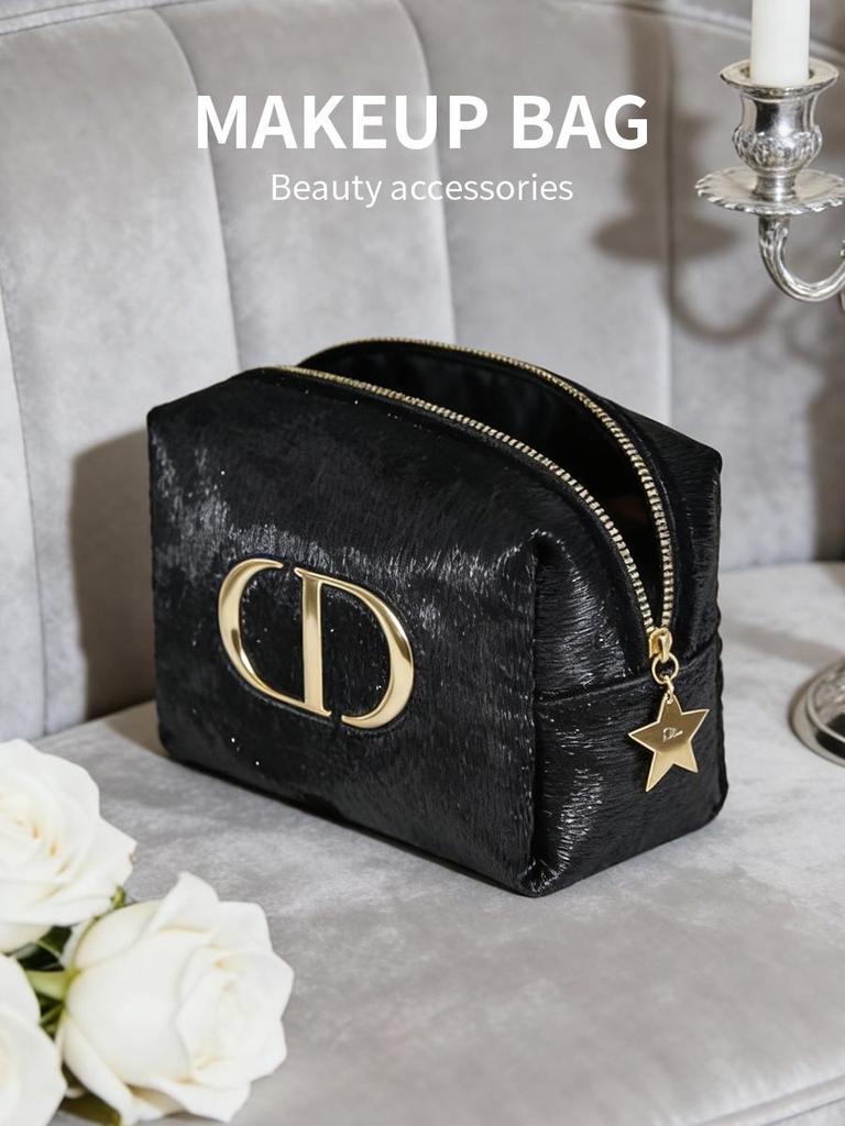 Dior Черная косметичка с золотым логотипом, Портативный дорожный органайзер для макияжа