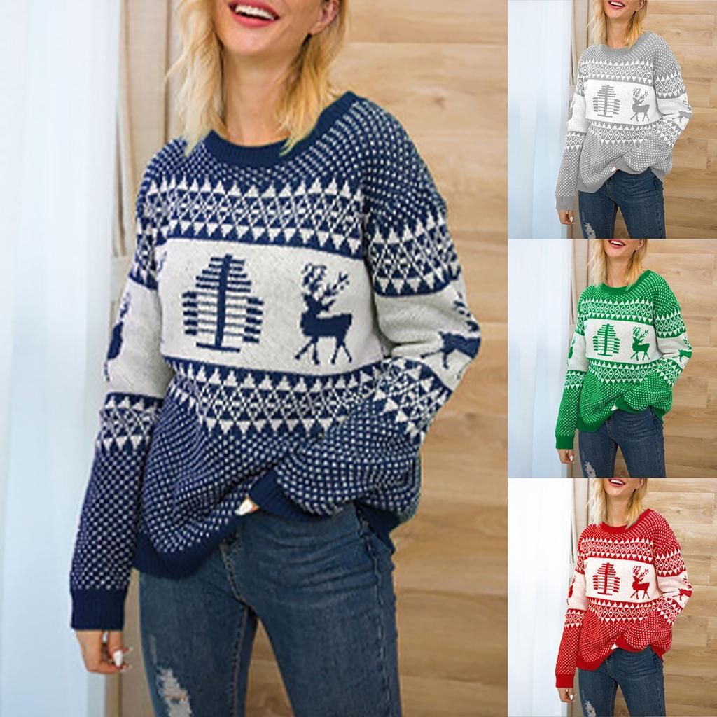 Women Christmas Sweater Long Sleeve Christmas Tree Knitting Sweater Tops