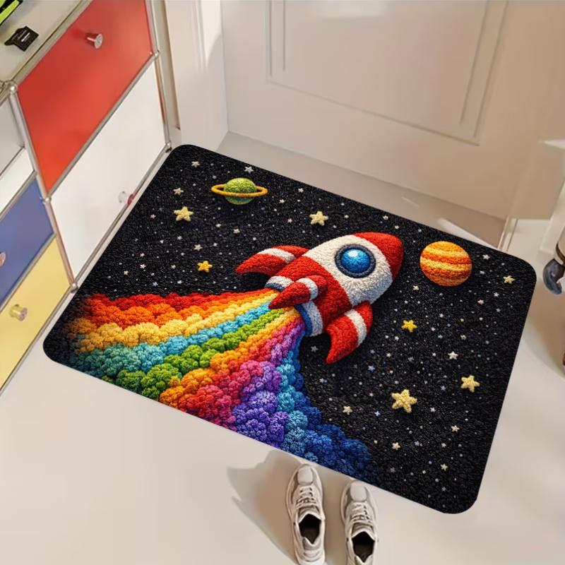 1pc, 2D Flat Printing, Space Rocket Rainbow Entrance Mat, Non-Slip Machine Washable Easy Clean Polyester Carpet, Suitable for Home And Outdoor Decor,