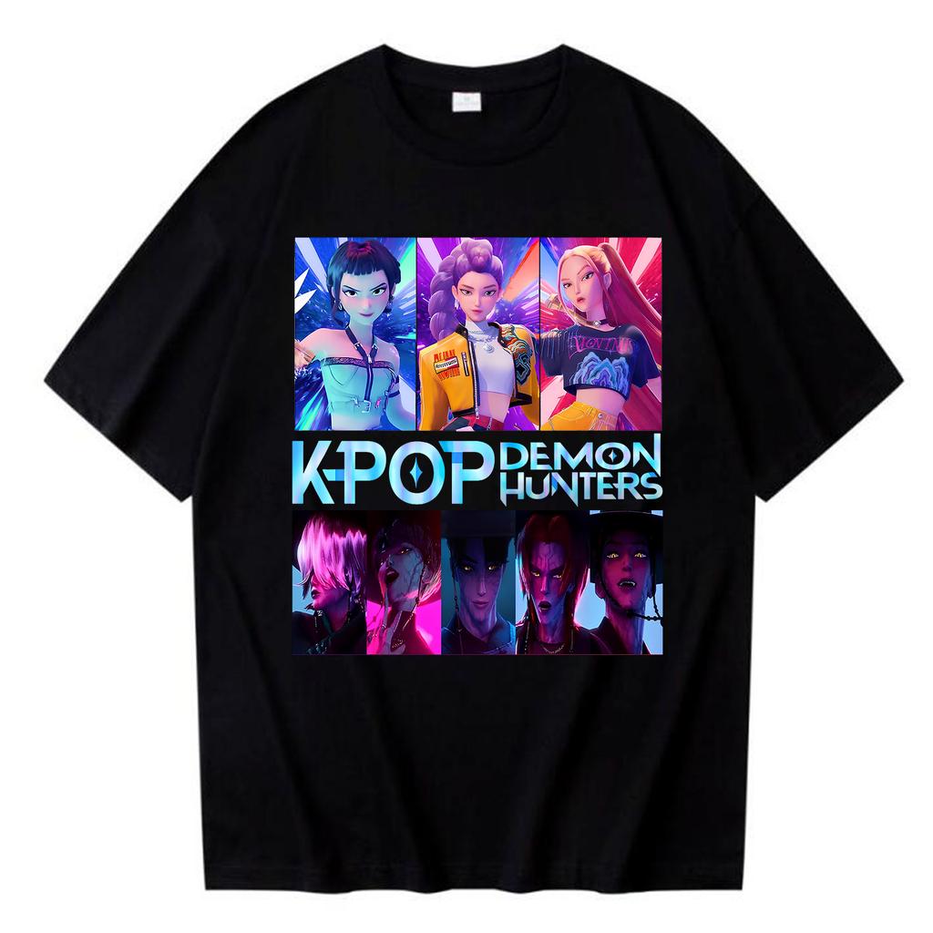 2025 Kpop Охотники на демонов Saja Футболка Харадзюку Женская Девушка Huntrix Круглый вырез Летняя футболка Подарок для фанатов