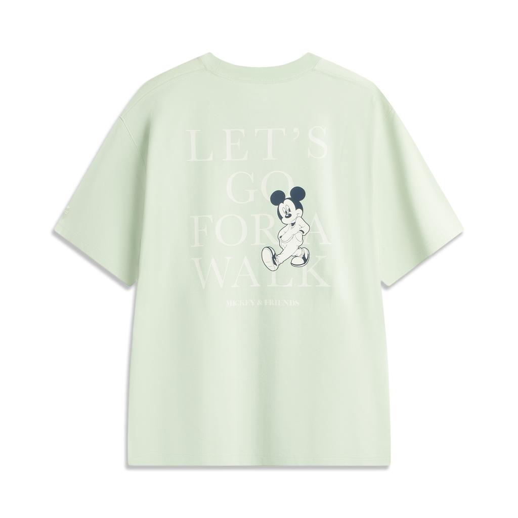 Li Ning X Disney Mickey Серия Спортивный Стиль Жизни Простая Футболка с Надписью, Круглым Вырезом, Коротким Рукавом, Свободного Кроя, Унисекс Футболка, Пено-зеленый AHSV795-2