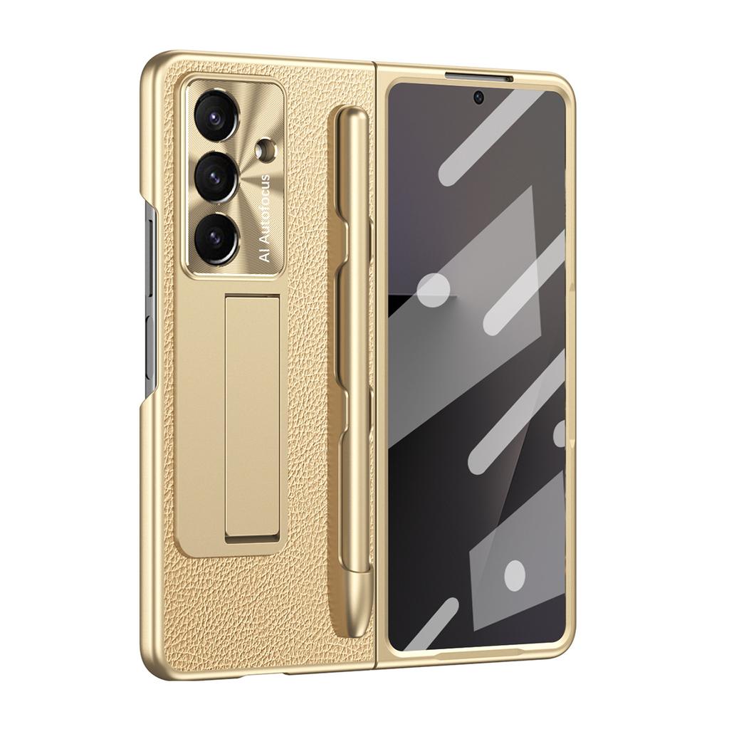 For Samsung Galaxy Z Fold7 5G Case Kickstand Leather+PC Hard Phone Cover with Screen Film and Stylus