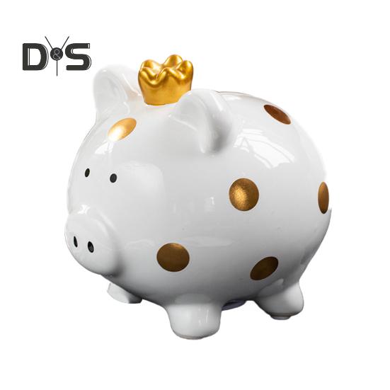 Ceramic Crown Pig Piggy Bank Golden Dot Cartoon Pig Coin Money Bank Home Office Bookshelf Desktop Decoration Ornament Kids Adults Gift