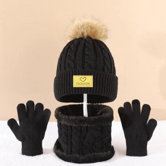 3 шт./набор Детская зимняя шапка, шарф, перчатки, комплект, Декор плюшевым помпоном, Вязаная шапка с текстурой переплетения, без полей, Вязаные перчатки, Флисовая подкладка, Набор гетр для шеи