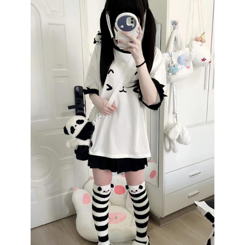 Kawaii Sweet Patchwork T-shirts Women Japanese Fashion Y2k Harajuku Cute Cat Cartoon Print Loose Tees Tops Soft Gril