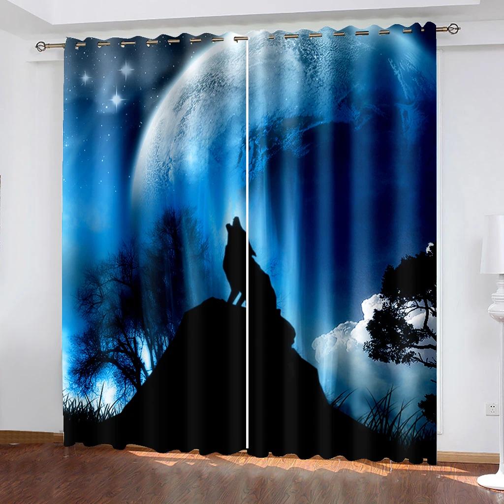 3D Печать Пара Любовь Современный Животный Волк Луна Ночью Драпировка Оконная Занавеска Спальня Декоративная Занавеска 2 Панели для Гостиной