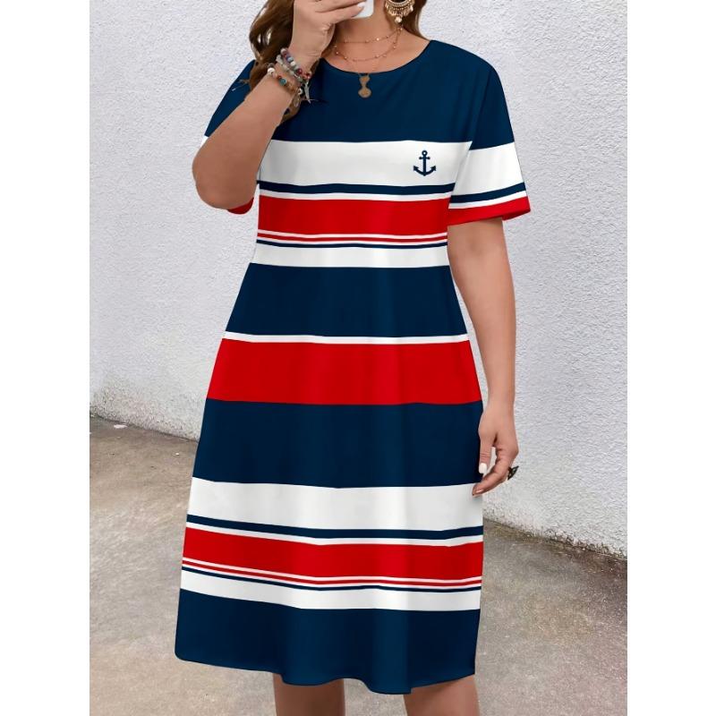 Женское платье в морском стиле, полосатый принт, круглый вырез, свободный, короткий рукав