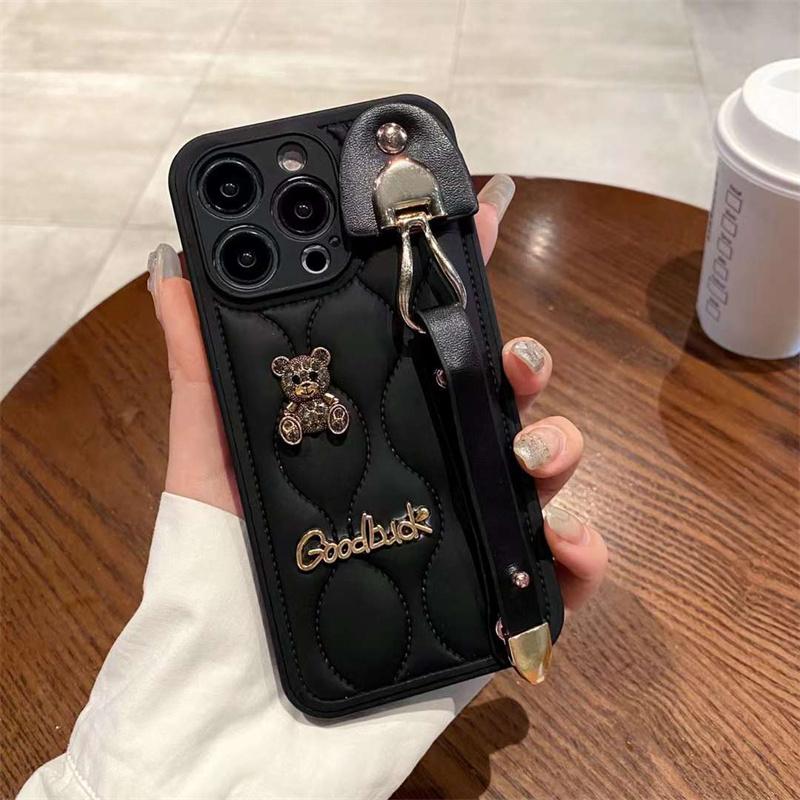 Cute Bear Wristband Down Jacket Phone Case For iPhone 16 15 14 13 12 11 Pro Max Korea Soft Cover