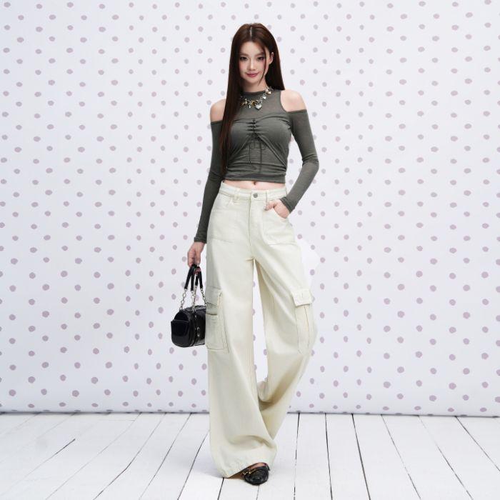Cement gray American multi-pocket tooling jeans women's early autumn loose straight versatile casual pants