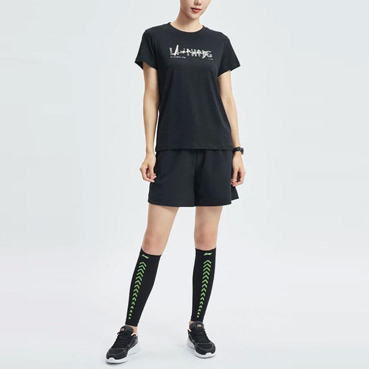 Футболка с коротким рукавом для женщин с принтом логотипа серии Li Ning Fitness, черные ATSR290-2