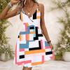 Women Plus Size Black Printed V Neck Strappy Sleeveless Gathered Waist Flared Hem Dress