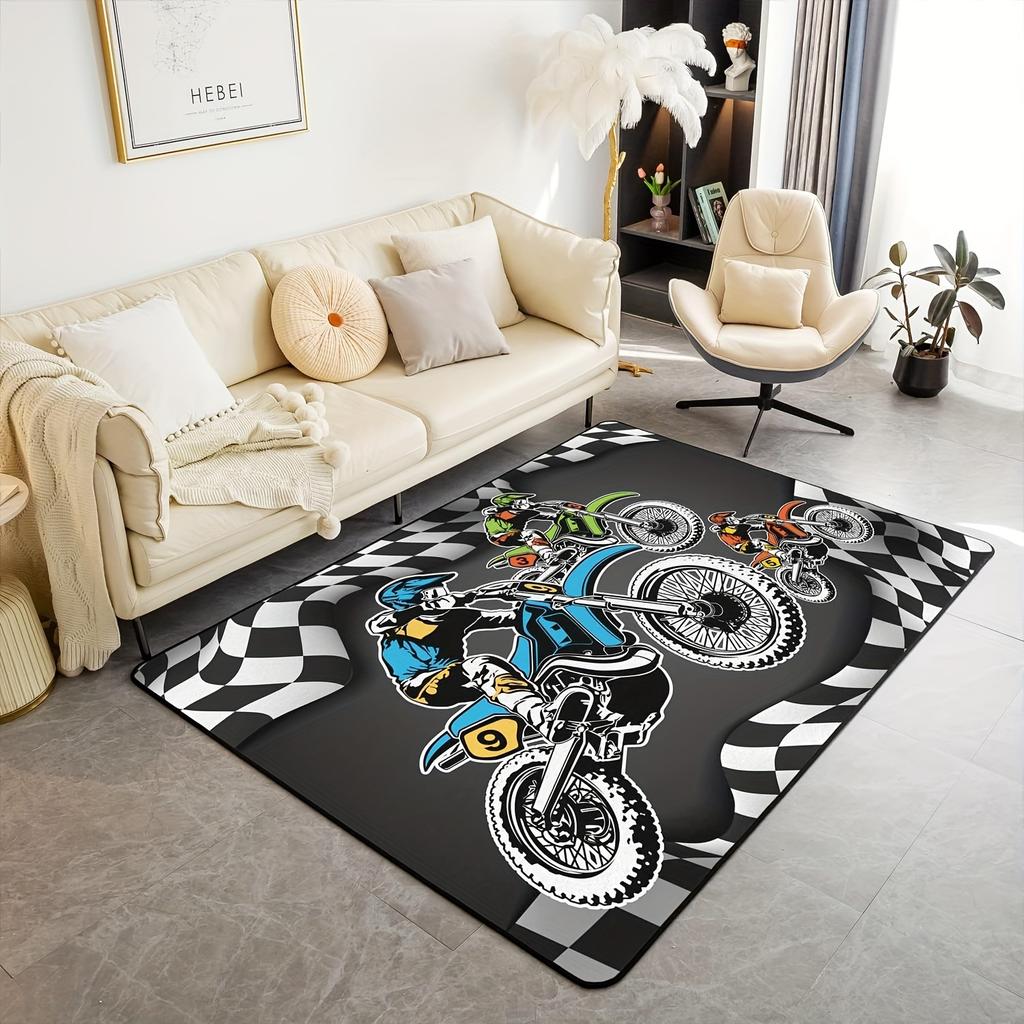 Black White Motocross Off Road Area Rug Thick Non Slip Extreme Sports Bedroom Floor Carpet Decorative Living Room Mat 1PC