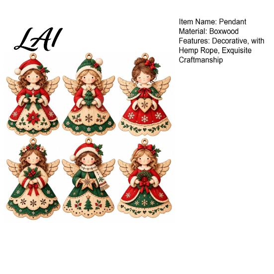 Vintage Style Christmas Tree Ornaments 6Pcs 2D Flat Ornaments Wooden Angel Hanging with Hemp Rope Holiday Party Decor Retro Pendants for Fireplace
