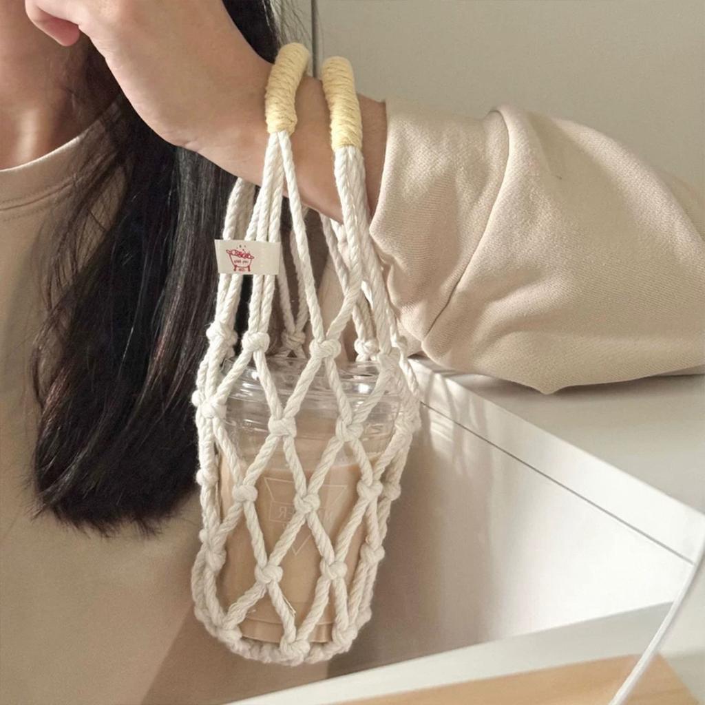 Portable Macrame Water Bottle Holder Hand Woven Cotton Rope Boho Cup Carrier for Coffee & Iced Drinks Outdoor Camping Supplies