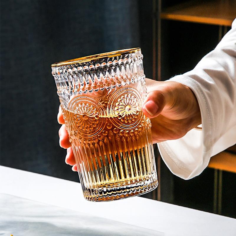 1pcs Golden Edge Sunflower Cup Embossed Glass Cup Water Cup Summer Ins Style Juice Drink Coffee  Beer Mug Transparent Water Cup