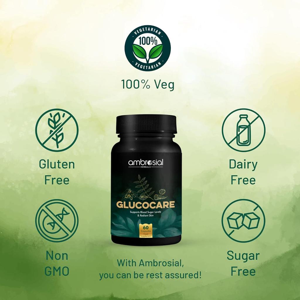 Таблетки для контроля уровня сахара в крови AMBROSIAL Glucocare, травяная формула премиум-класса с карела джамун и нимом для лечения диабета (Упаковка 1-60 капсул)