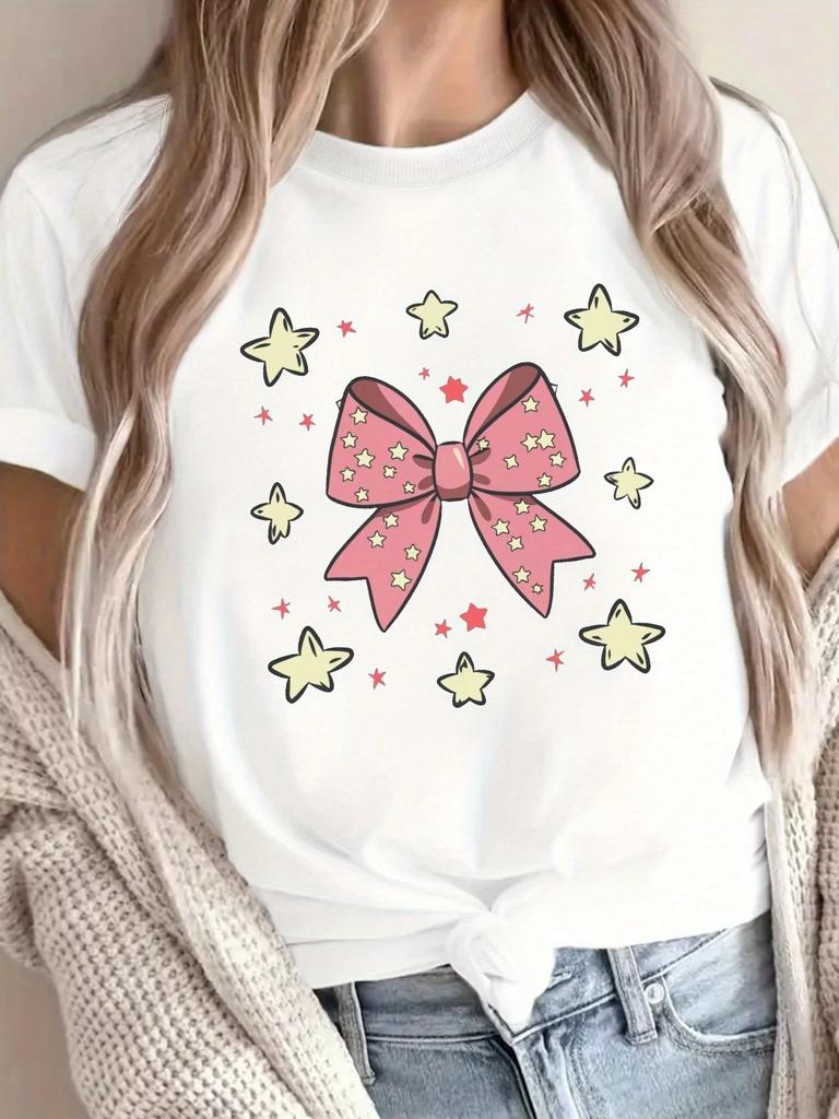 Funny T Shirt Pink Bow Star Print Tshirt Womens Harajuku Short Sleeve Casual Womens Clothing Street Tops Aesthetic Clothes