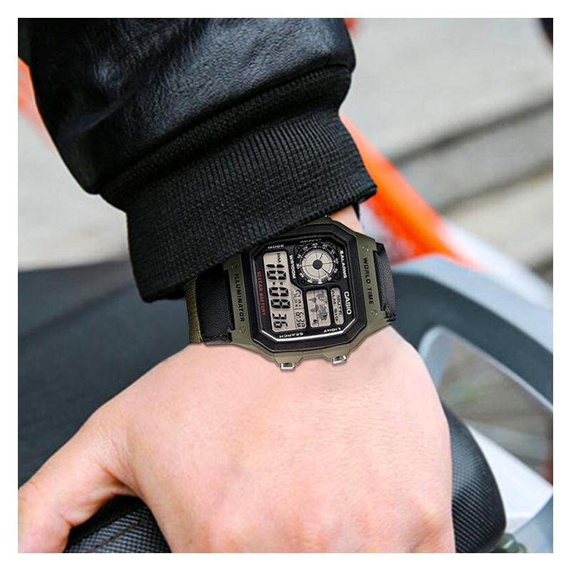 Casio Серия STANDARD маленький квадратный механизм десять лет от батарейки кварцевый механизм холщовый ремешок японские и корейские часы мужские часы AE-1200WHB-3B