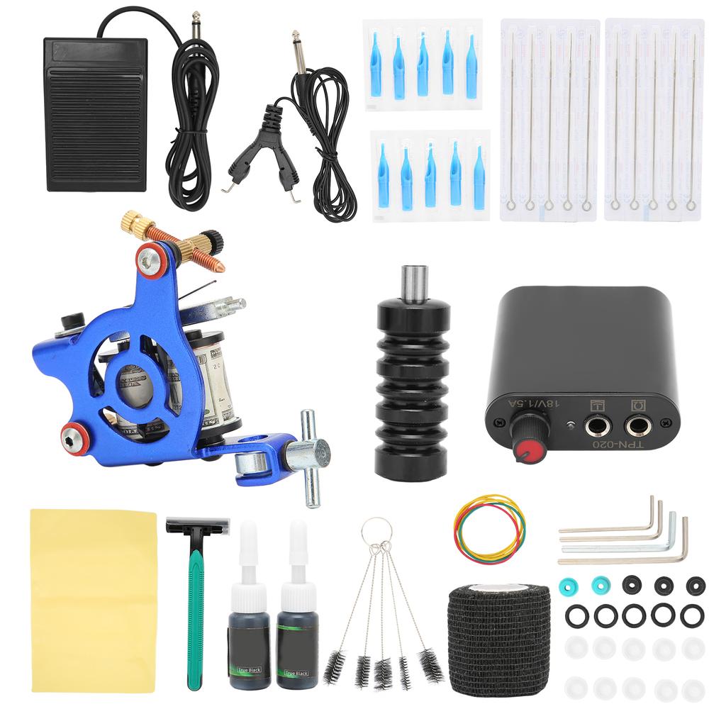 10 Wraps Tattoo Coil Machine Kit Black Mini Tattoo Power Supply Complete Tattoo Machine Set for