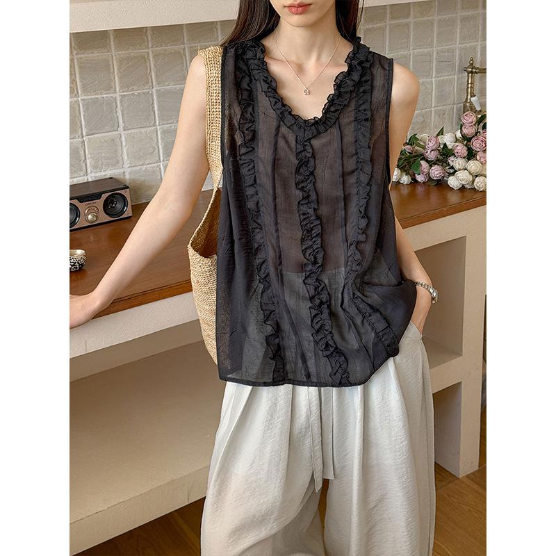 Tachibana summer new Korean lace vest with wooden ear edge sleeveless top loose V-neck T-shirt 99117 wooden ear edge