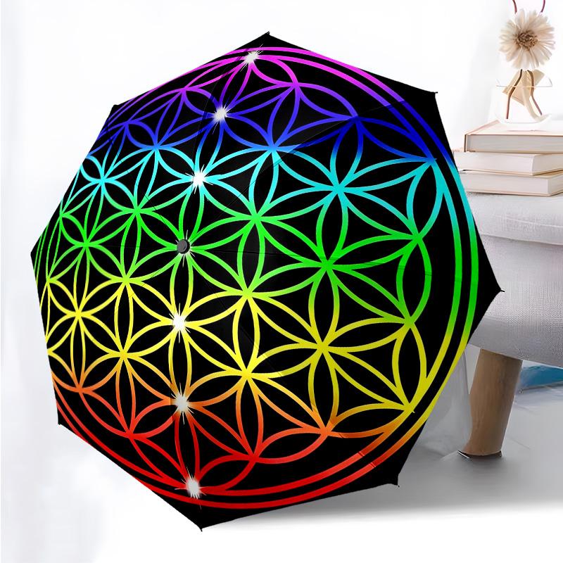 Flower of Life Pattern Folding Umbrella Fashion Auto-Open 8 Iron Ribs Plastic Handle Foldable Sunshade Perfect Christmas Gifts