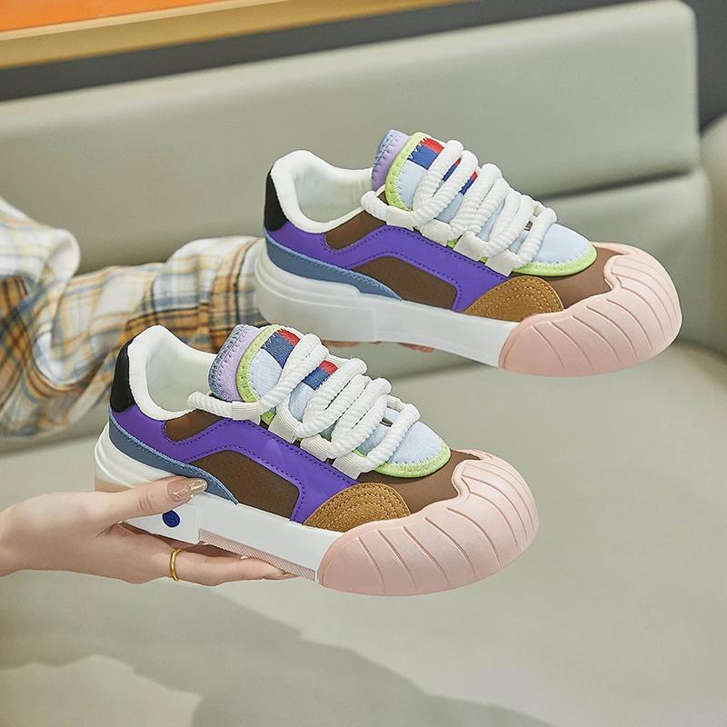 Fashion Women Sneakers Lace Up Casual Sports Shoes Mixed Colors Design Thick Bottom Vulcanized Shoes Outdoor Running Cute Shoes Female
