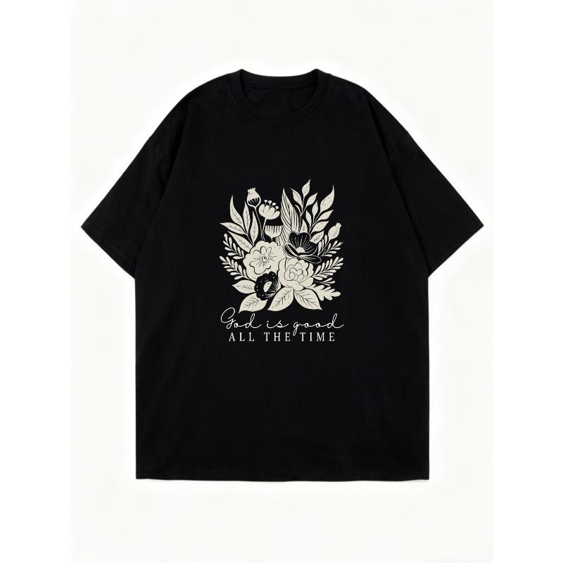 Oversized T Shirt Black Floral Design God Is Good All The Time Print Casual Wear For Women