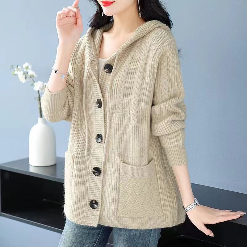 Thick Knitted Hooded Cardigan for Middle-aged and Elderly Women In Short Length