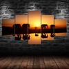 Elephant Group Sunset Silhouette Scene 5 Piece Five Panel Wall Canvas Print Modern Art Poster Picture Home Decor Gift For Him For Her