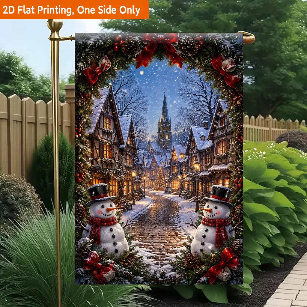 2D Flat, 2D Flat Printing Garden Flag 1pc, Christmas Winter Village Scene Durable Single-Sided Print Yard Flag, Garden & Home Holiday Decoration, 29.9