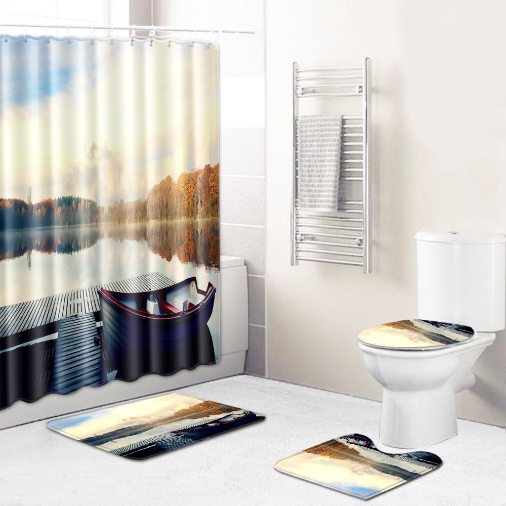 Landscape Shower Curtain Floor Mat Combination Four-Piece Set Bathroom Toilet Carpet Shower Room Mat Foot Mat