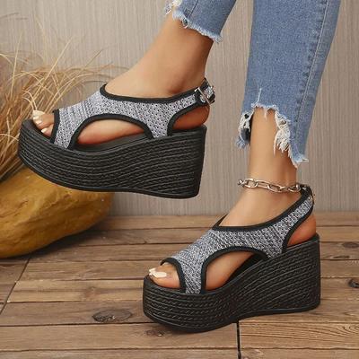 Летние босоножки на высоком каблуке Женские ажурные вязаные сетчатые босоножки с открытым носком Модные босоножки с ремешком на пятке, на танкетке, на толстой подошве, на платформе