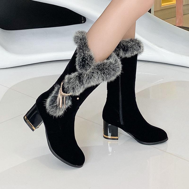 Женские короткие сапоги на высоком каблуке, новинка осени и зимы, однотонные, толстый каблук, большие размеры, плюшевые короткие сапоги