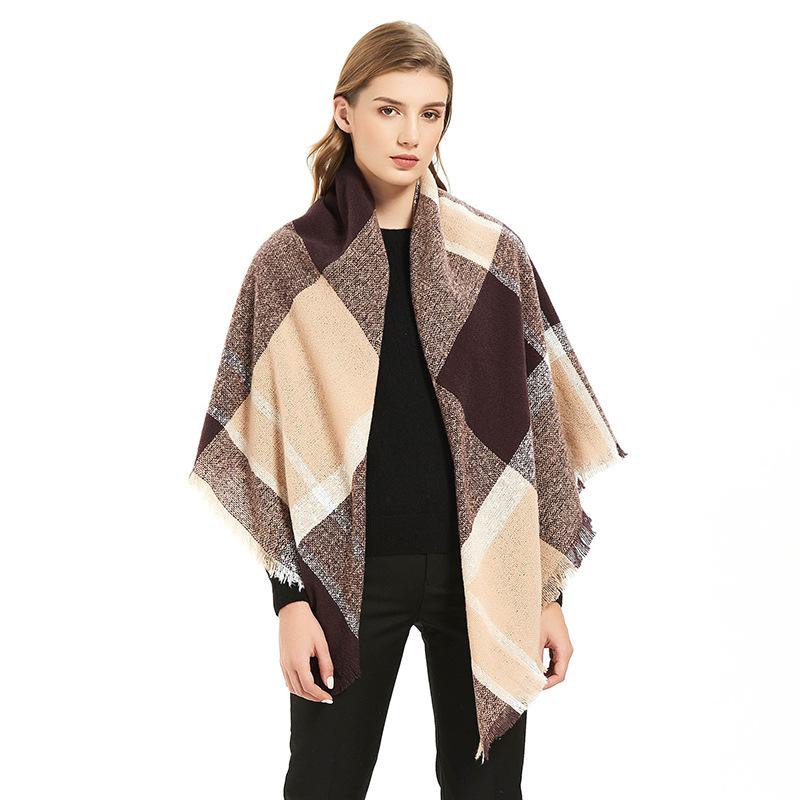 Осенне-зимняя шаль, женский теплый синий клетчатый квадратный шарф