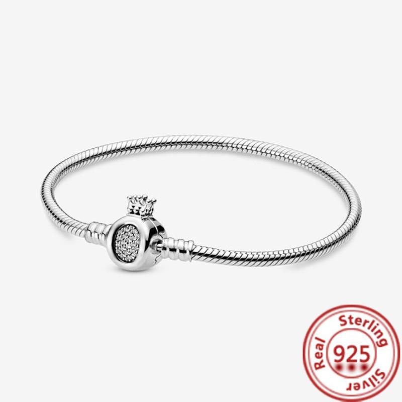 Корона-змея-цепочка, браслет из 100% стерлингового серебра 925 пробы, безопасные бусины в форме сердца, подвески, браслеты для женщин и девочек, изготовление ювелирных изделий своими руками