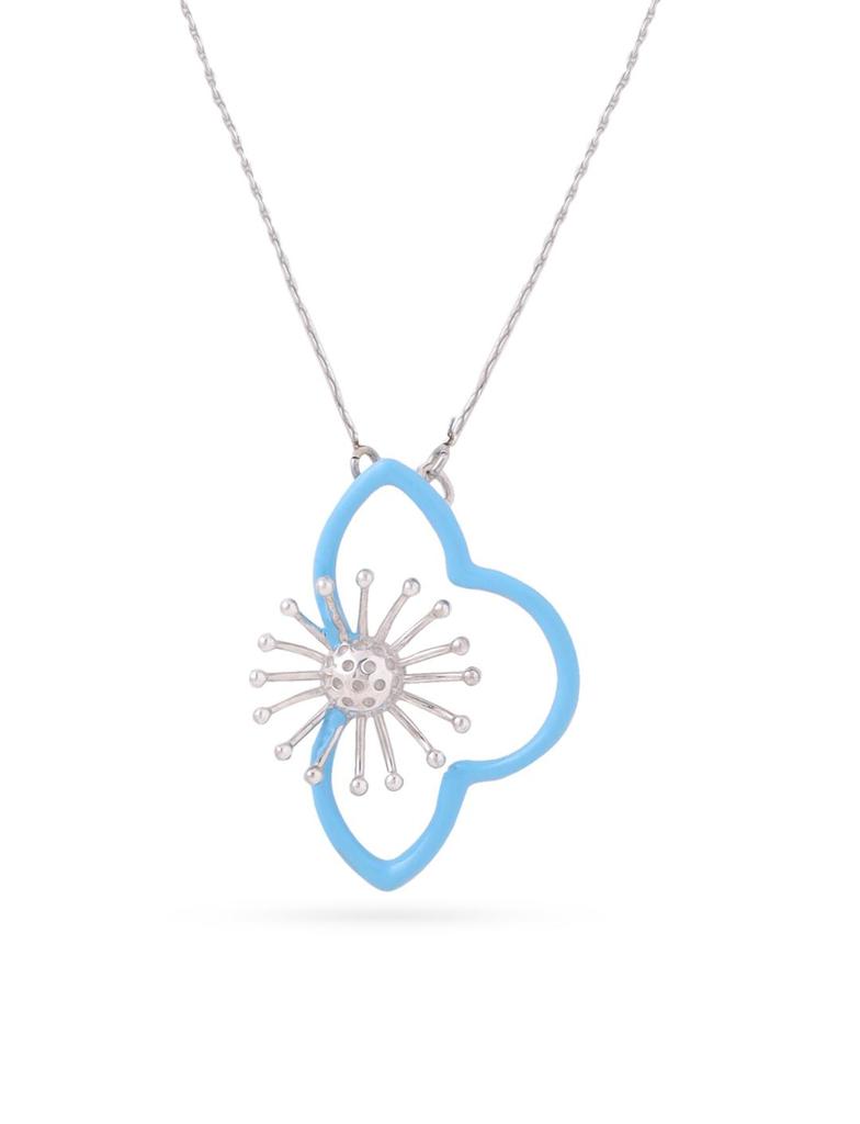 Игривый и Задорный Подвеска из Стерлингового Серебра 925 пробы с Синей Эмалью в виде Цветка с Цепочкой для Женщин