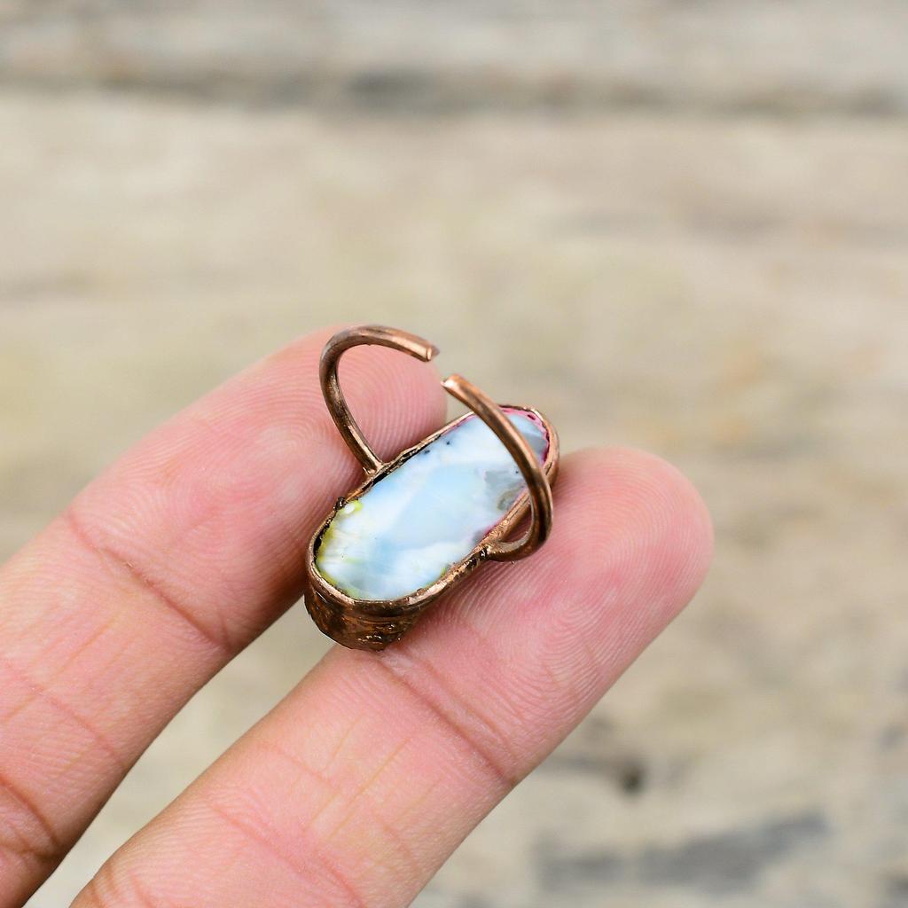 Грубое кольцо Ларимар, медное кольцо, изготовленное методом гальванопластики, регулируемые кольца ручной работы, медные украшения, кольцо с настоящим драгоценным камнем, ювелирные изделия, изготовленные методом гальванопластики, свадебный подарок