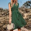 Printed Crew Neck Short Sleeve Polka Dot Pleated Chic Lace Up Dress S-XL