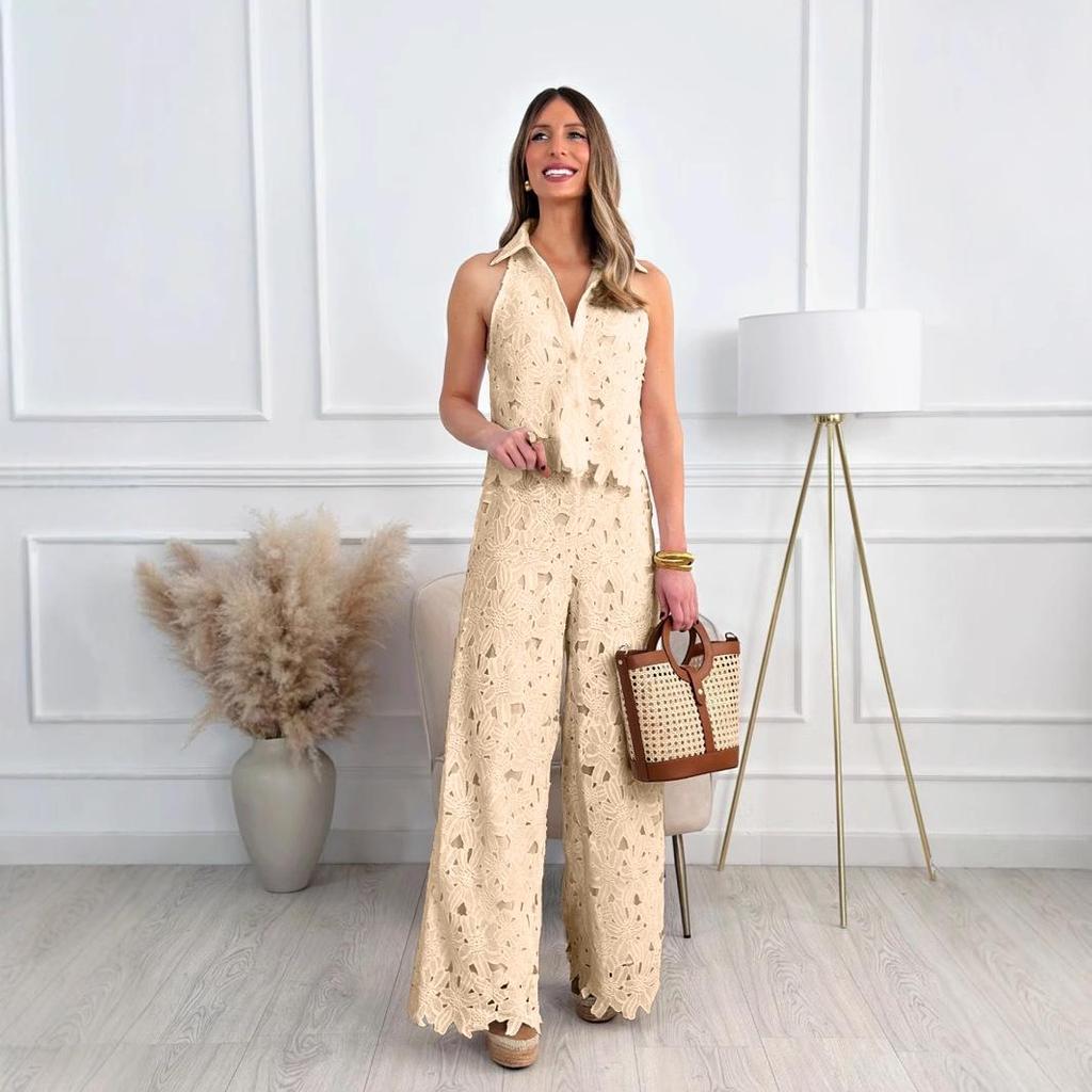 French Summer Embroidered V-Neck Cutout Tank & Wide-Leg Pants Set