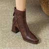 Retro Brown Soft Leather Thick-heeled Ankle Boots Women, New High-heeled Boots British-style Small Square Toe Slim Boots C1226