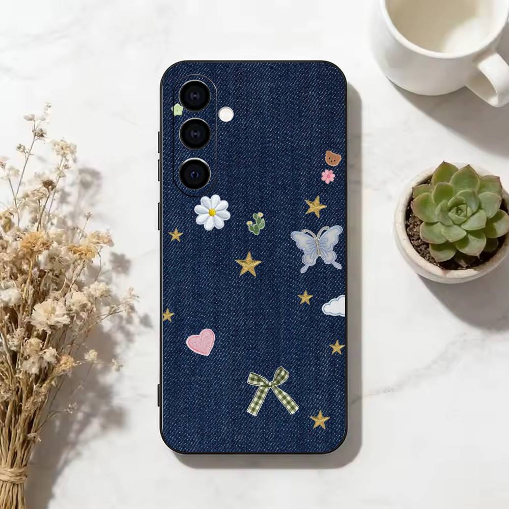 Джинсовый Чехол-Бампер с Вышивкой Coquette Y2K для Samsung Galaxy A73, A72, A71, A70, A53, A52, A51, Других Мягкий Черный